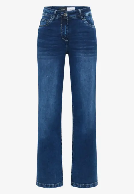 Dunkelblaue Jeans mit geradem oder leicht ausgestelltem Bein und klassischem 5-Pocket-Design.