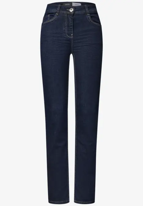 Jean taille haute droit bleu foncé, 5 poches, bouton et passants de ceinture.