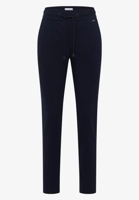 Dunkelblaue, schmal geschnittene Freizeithose mit Tunnelzug in der Taille.