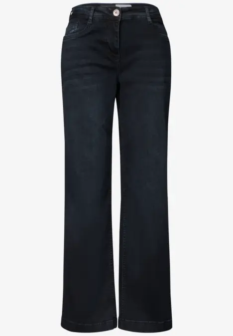 Jean noir taille haute à jambes larges avec fermeture boutonnée.