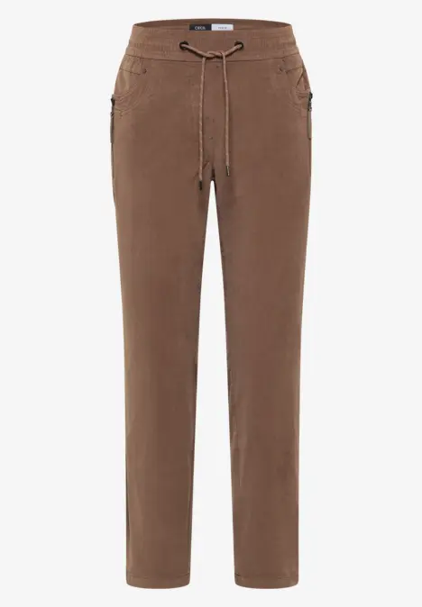 Pantalon marron droit avec taille élastique, cordon de serrage et poches zippées sur les côtés.