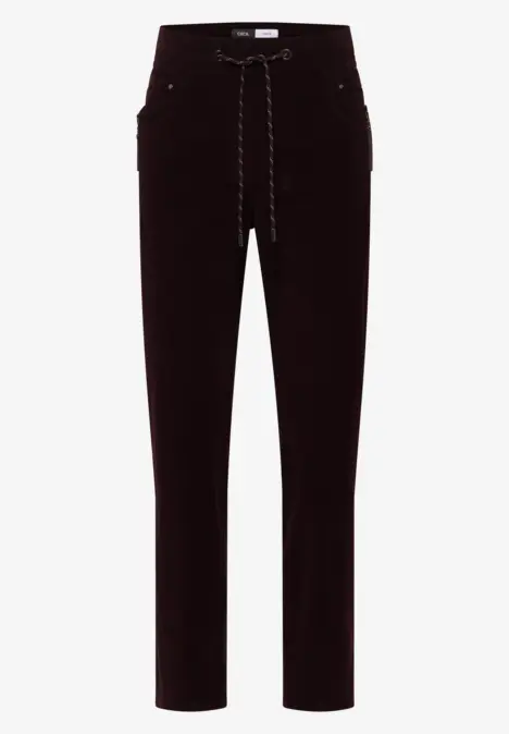 Pantalon en velours côtelé foncé avec cordon à la taille, coupe droite et poches latérales.