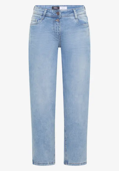 Jean droit bleu clair taille normale avec cinq poches classiques.