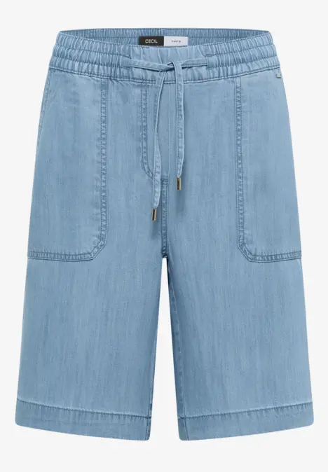 Bermuda en jean clair avec taille élastique, cordon de serrage et poches plaquées.