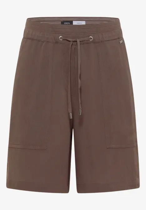 Braune Cargo-Shorts mit seitlichen aufgesetzten Taschen und Tunnelzugbund.