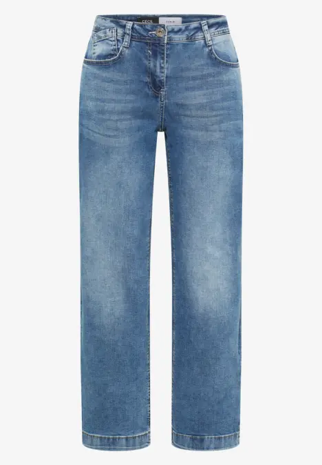 Jean droit en denim bleu délavé, coupe décontractée, cinq poches classiques et taille mi-haute.