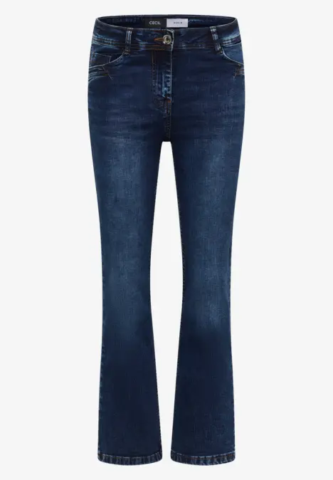 Dunkelblaue Schlagjeans aus Denim mit hohem Bund und ausgestelltem Bein.
