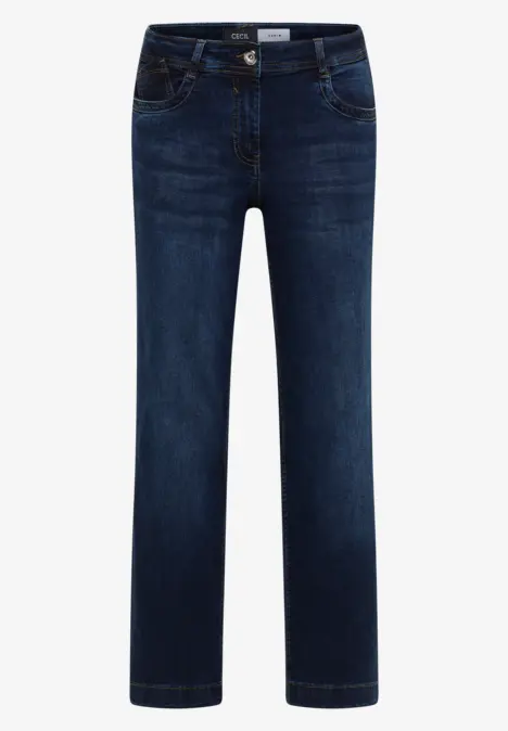Jean bleu foncé droit, cinq poches, passants de ceinture et fermeture à bouton.