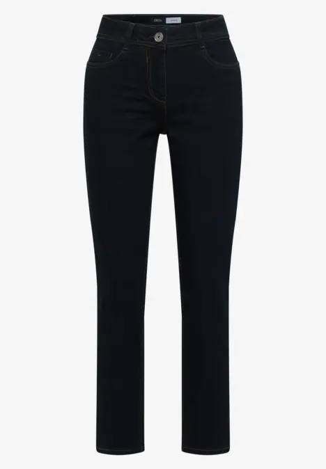 Schwarze, gerade geschnittene Jeans mit klassischem Five-Pocket-Stil, hoher Taille und leichtem Stretch.