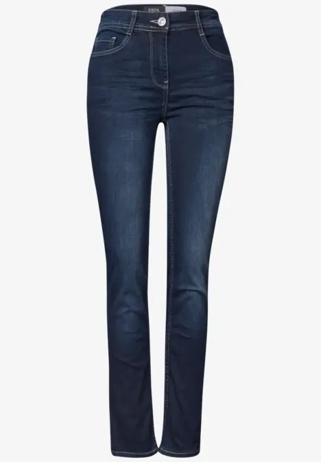 Jean taille haute bleu foncé, coupe slim, cinq poches classiques et fermeture boutonnée.