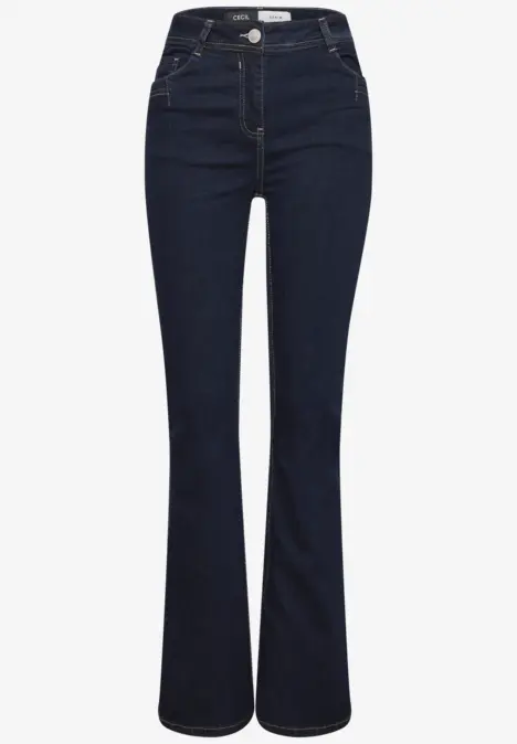 Jean bleu foncé taille haute avec coupe évasée et finition vintage.