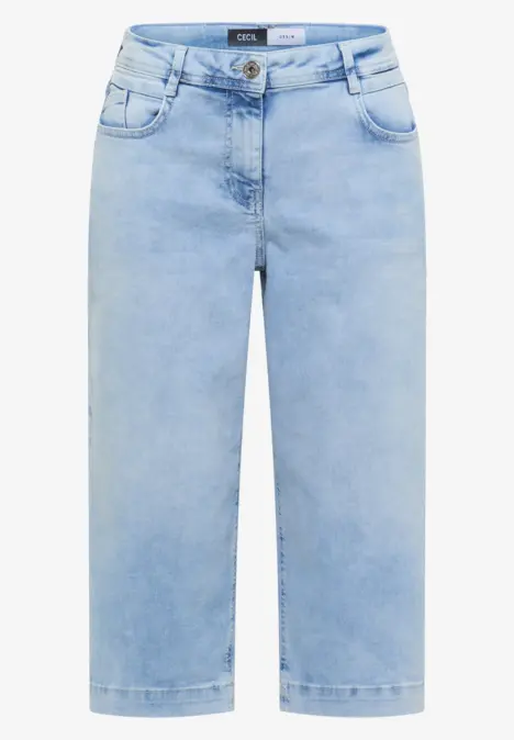 Bermuda en jean bleu clair, bouton et fermeture éclair, cinq poches, coupe décontractée