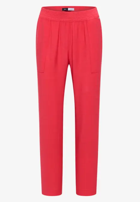 Rote Damenhose mit elastischem Bund und geradem Schnitt.