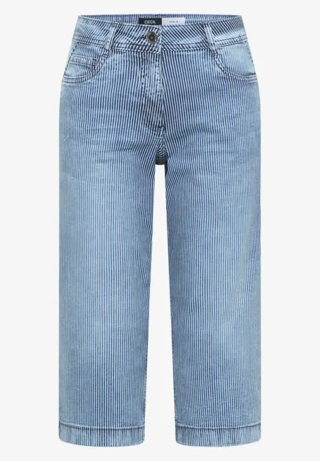 Jeans délavé clair mi-mollet à taille haute, coupe large, poches latérales et fermeture boutonnée, style denim classique
