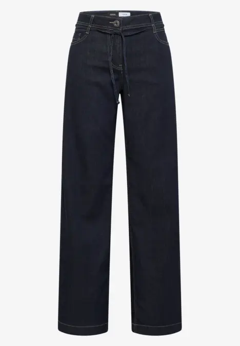 Jean bleu foncé à coupe droite et jambes larges, style épuré.