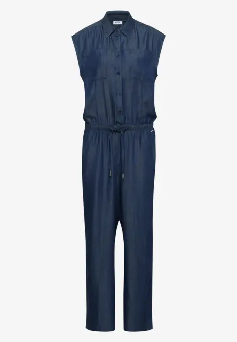 Combinaison sans manches en denim foncé, taille ajustable par cordon, coupe décontractée.