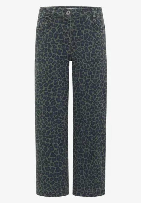 Gerade geschnittene, marineblaue Hose mit grünem Leopardenmuster und zwei Knöpfen am Bund.