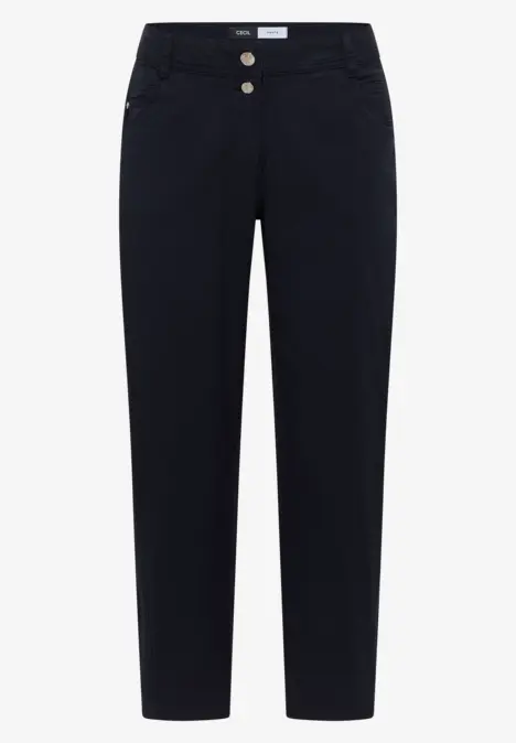 Dunkelblaue, schmal geschnittene Damenhose mit zwei Knöpfen und Seitentaschen.