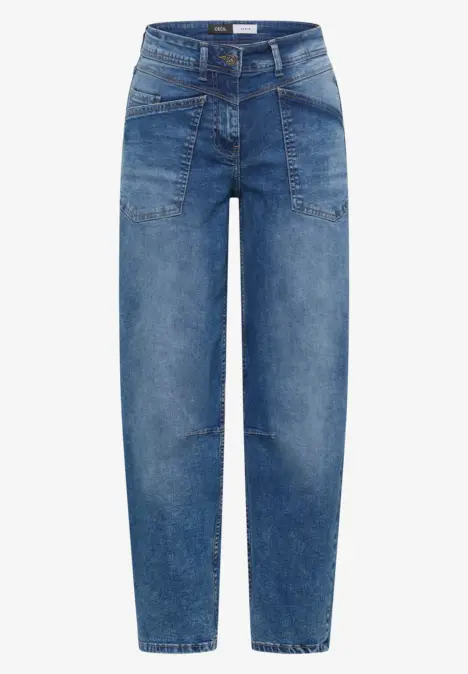 Weit geschnittene blaue Jeans mit aufgesetzten Taschen, hohem Bund und geradem Bein.