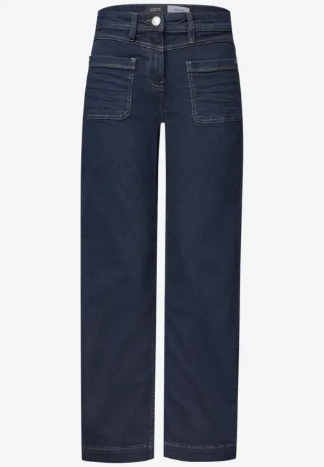 Dunkelblaue Jeans mit geradem, weitem Bein und aufgesetzten Fronttaschen.