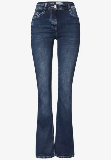Jean évasé bleu foncé, taille haute, jambes légèrement évasées.