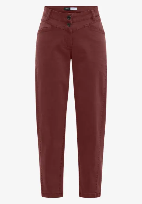 Pantalon femme taille haute bordeaux, coupe droite, fermeture à double bouton.
