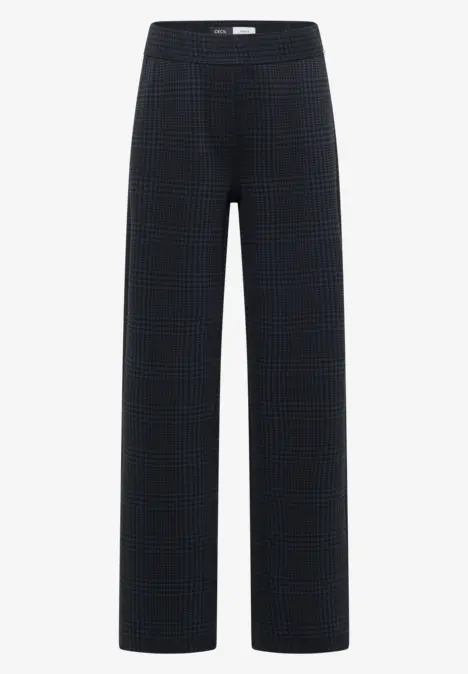 Dunkelblaue Karottenhose mit dezentem Karomuster, weitem Bein und komfortablem Bund