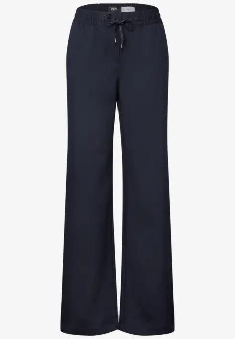 Pantalon de détente bleu marine, coupe large avec taille élastique et cordon.