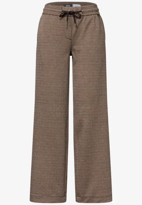 Pantalon ample marron à taille élastiquée avec cordon et motif discret, parfait pour un look détente.