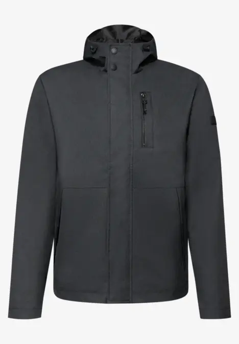 Schwarze leichte Softshell-Jacke mit durchgehendem Reißverschluss und Kapuze.