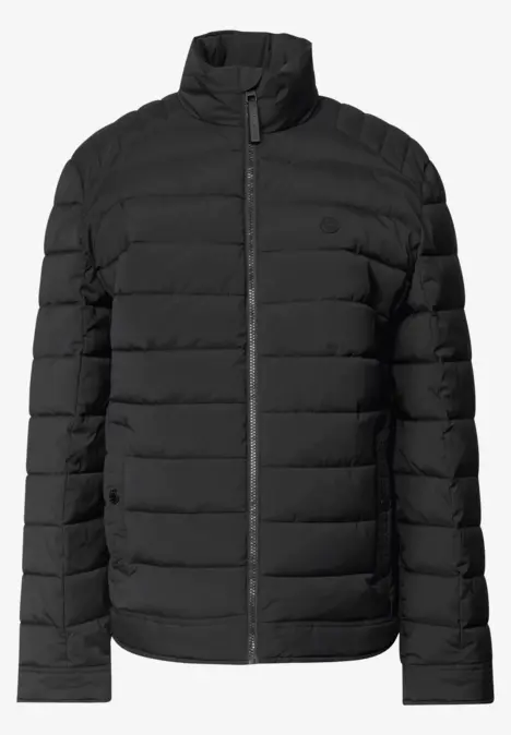 Veste matelassée noire avec col montant et fermeture éclair intégrale.