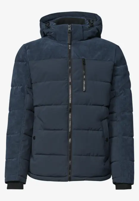 Dunkelblaue, gesteppte Winterjacke mit Kapuze, Reißverschluss und Brusttasche.