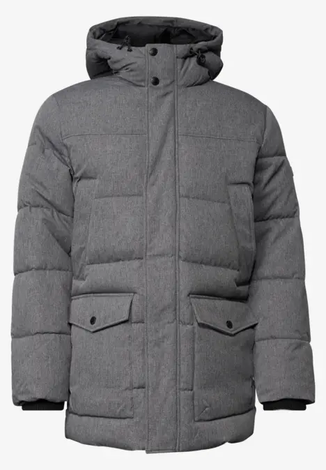 Graue, wattierte Winterjacke mit Kapuze, Fronttaschen und durchgehendem Reißverschluss.