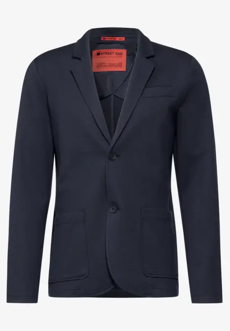 Dunkelblauer Sakko mit zwei Knöpfen und drei Taschen.