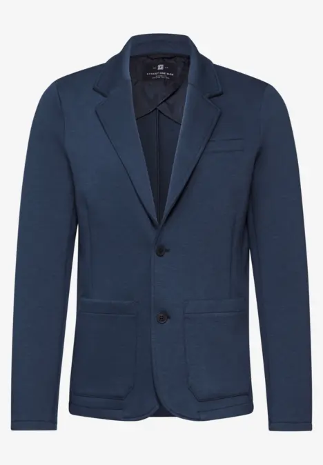 Blaues Herren-Sakko mit Reverskragen, zwei Knöpfen und aufgesetzten Taschen.