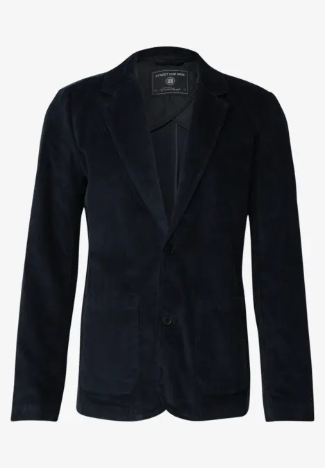 Dunkelblaues Cord-Sakko mit zwei Knöpfen, klassischem Revers und aufgesetzten Taschen.
