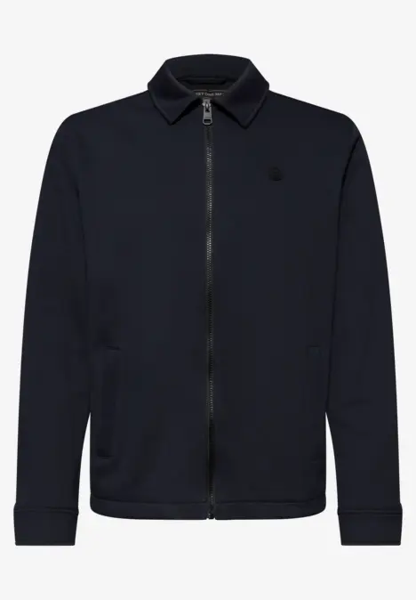 Schwarze, langärmige Jacke mit Reißverschluss und Hemdkragen.