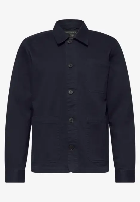 Schwarze Herrenjacke mit Knopfleiste, Hemdkragen, Brust- und zwei Eingrifftaschen.
