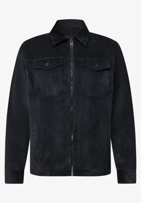 Schwarze Cord-Jeansjacke mit Reißverschluss, Hemdkragen und Brusttaschen im schlichten, klassischen Stil.