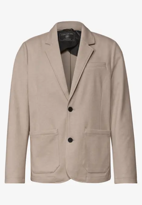 Beiger, legerer Blazer mit zwei Knöpfen und aufgesetzten Taschen, ideal für Smart-Casual-Looks.