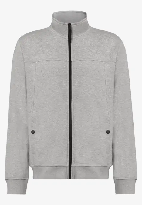 Veste polaire gris clair zippée intégralement, col montant, poches latérales et poignets côtelés
