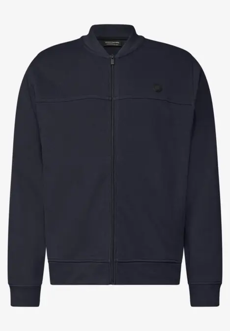 Dunkelblaue, schlichte Zipjacke mit Stehkragen, Rippbündchen und dezentem Logo auf der Brust