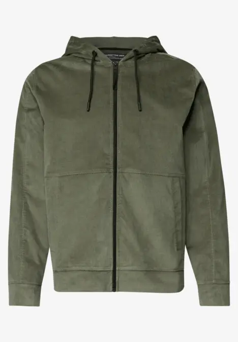 Olivgrüner Kapuzenpullover mit durchgehendem Reißverschluss, Kängurutaschen und gemütlicher Passform.