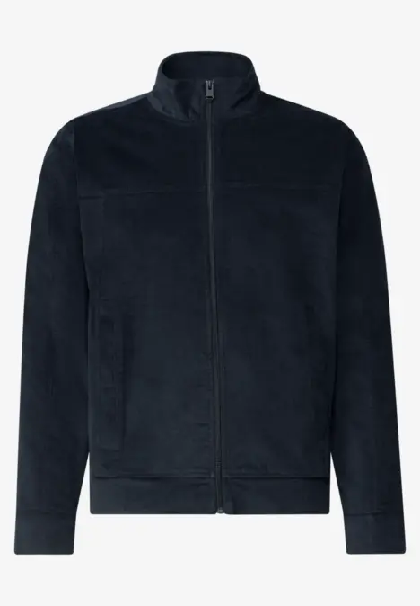 Veste polaire bleu foncé à fermeture éclair intégrale, col montant et poches latérales pratiques.