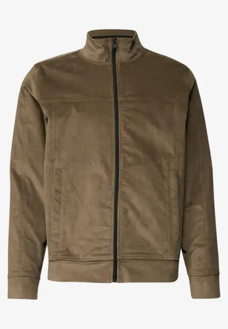 Veste en velours côtelé olive, col montant, fermeture éclair, manches longues, coupe droite.
