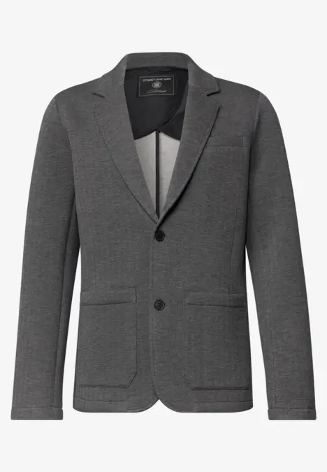 Veste homme grise, deux boutons, col à revers et poches plaquées, design intemporel.