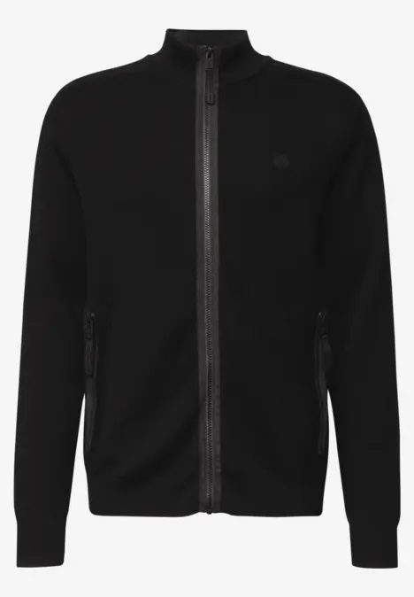 Schwarze, langärmlige Jacke mit durchgehendem Reißverschluss und Stehkragen.