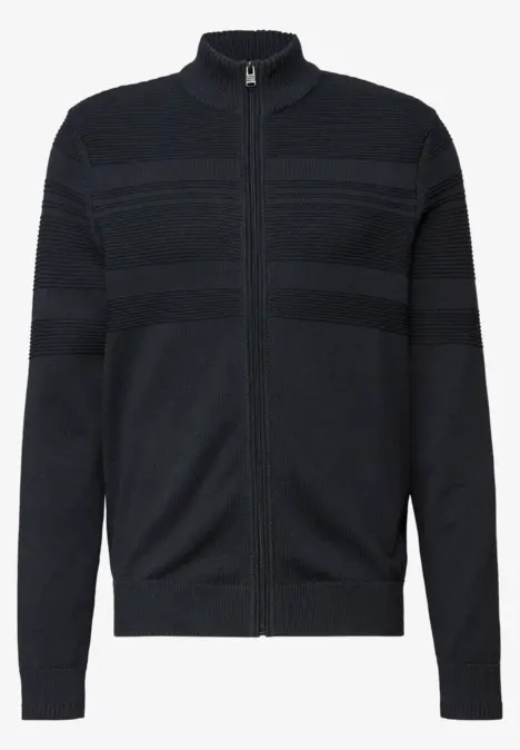 Schwarzer, leichter Zip-Pullover mit feinen Streifen und hohem Kragen