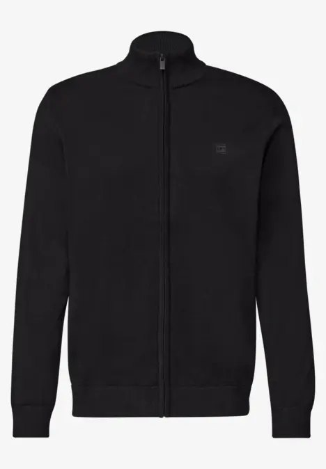 Schwarze Strickjacke mit durchgehendem Reißverschluss und Stehkragen.