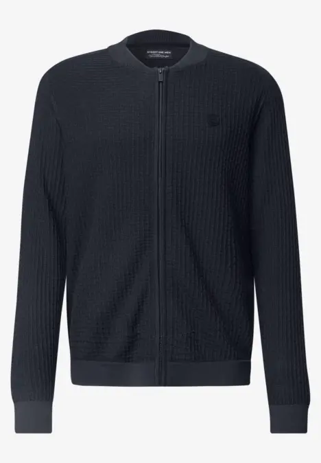Cardigan zippé gris foncé à motif gaufré et col rond